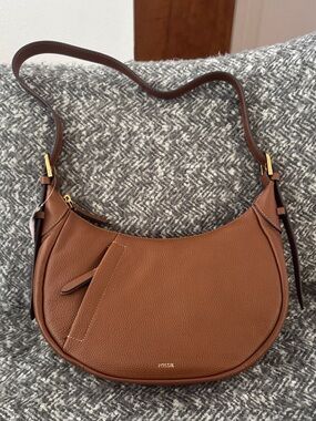 Fossil Tan Pebbled Leather Crescent Shoulder Bag